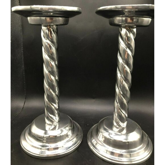 2 Aluminum/Pewter(?) Silver Candle Holders Sticks with Twist/Swirl Design 10" - Picture 3 of 8